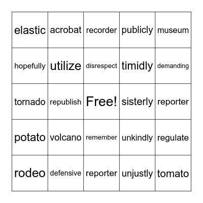 3 & 4 Syllable - Open #2 Bingo Card