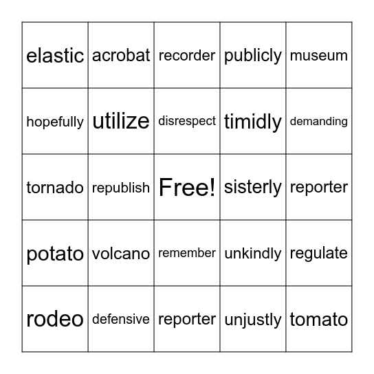 3 & 4 Syllable - Open #2 Bingo Card