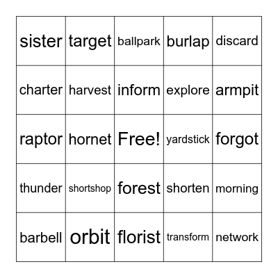 2 Syllable - R Controlled #1 Bingo Card