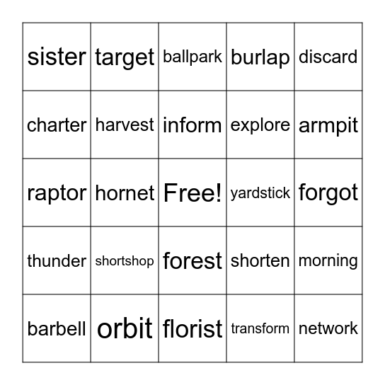 2 Syllable - R Controlled #1 Bingo Card