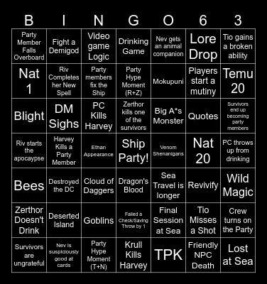 Questicles Session 63 Bingo Card