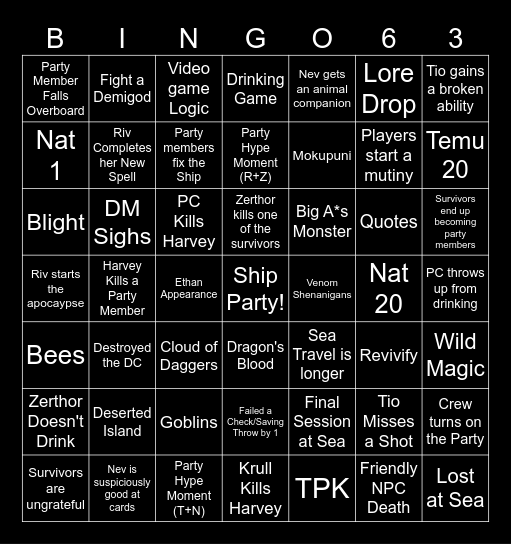 Questicles Session 63 Bingo Card