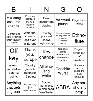 The Eurovision Song Contest Bingo Card