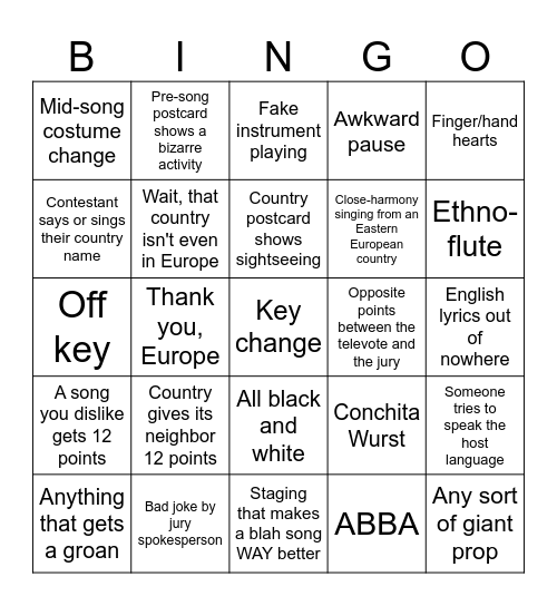 The Eurovision Song Contest Bingo Card