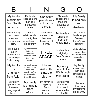 Immigration Bingo Card