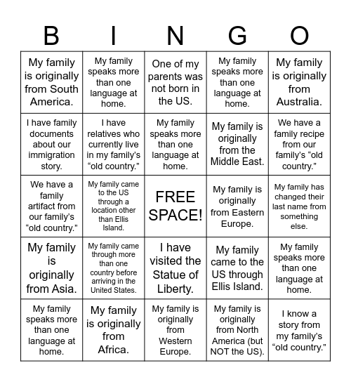 Immigration Bingo Card