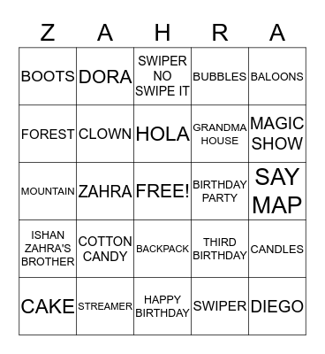 ZAHRA'S THIRD BIRTHDAY BINGO Card