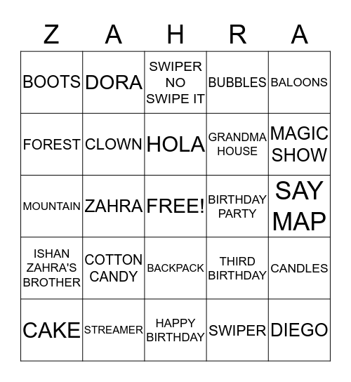 ZAHRA'S THIRD BIRTHDAY BINGO Card