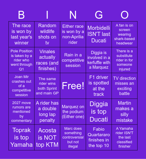 MotoGP Bingo Card