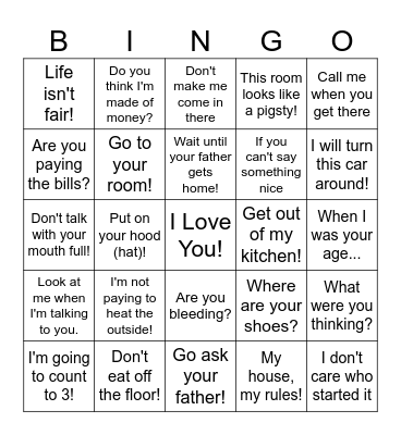 Things Mother's Say Bingo Card