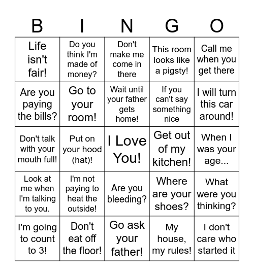 Things Mother's Say Bingo Card