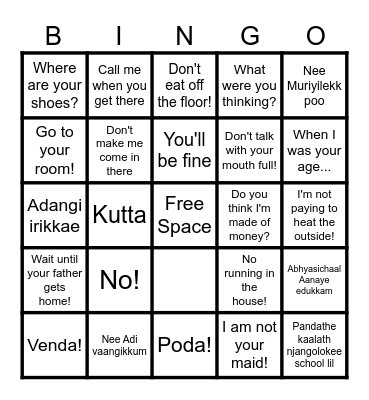 Things Mother's Say Bingo Card