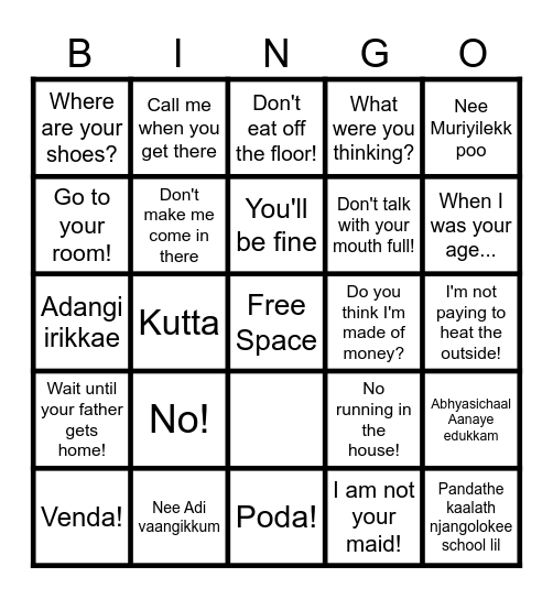 Things Mother's Say Bingo Card