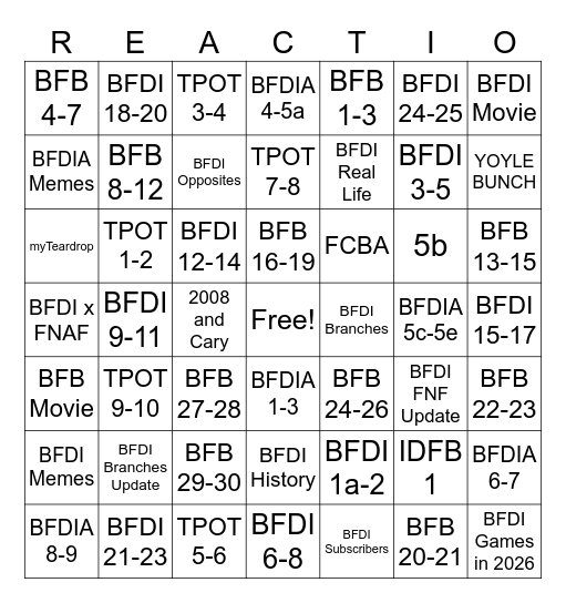 BFDI Episode Part 1 Bingo Card