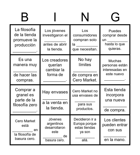 Cero Market Article Bingo Card
