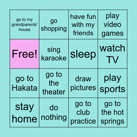 Q: What did you enjoy during Golden Week? A: I enjoyed OOing ~. Bingo Card