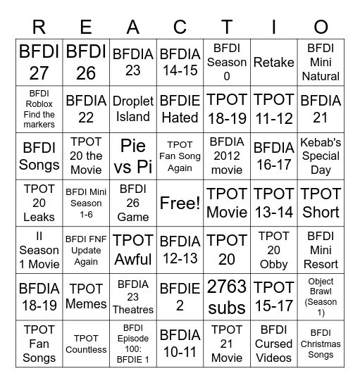 BFDI Episodes Part 2 Bingo Card