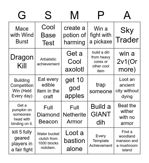 Minecraft Bingo Card
