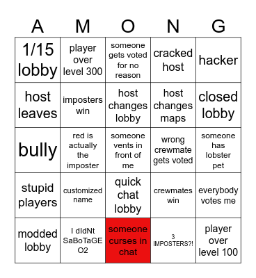 Among Us Bingo Card