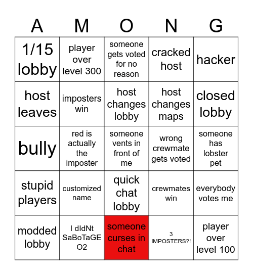 Among Us Bingo Card