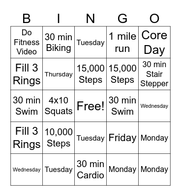 Fitness Bingo Card
