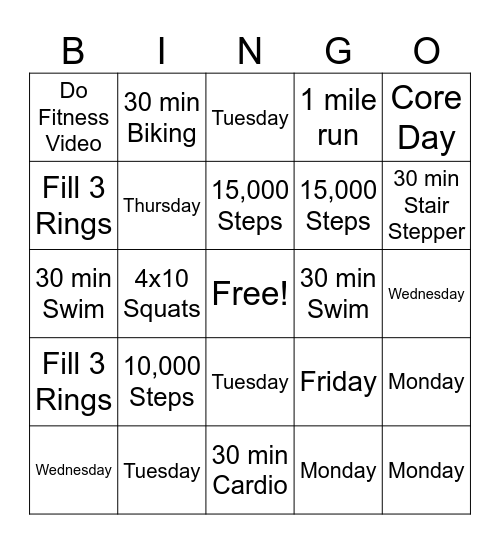 Fitness Bingo Card