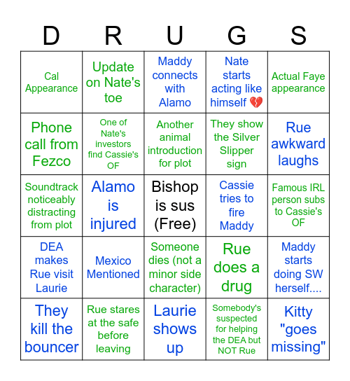 Euphoria S3E5 (Motherquake 9.9 on Cunter Scale Edition) Bingo Card