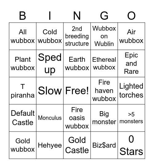 My singing monsters bingo Card