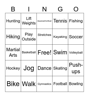 Healthy Activities Bingo Card