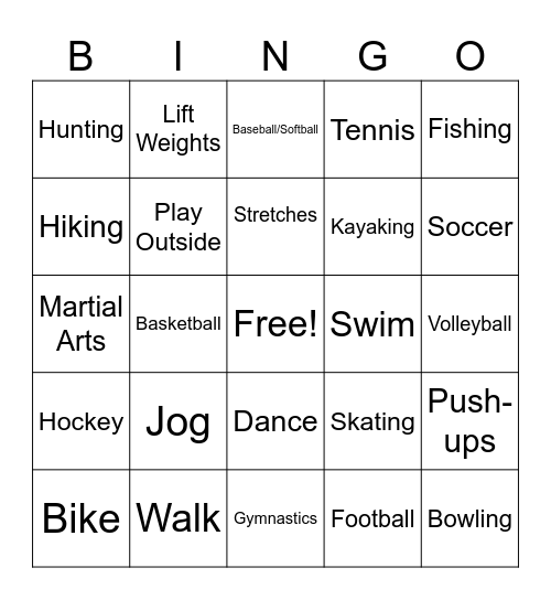 Healthy Activities Bingo Card