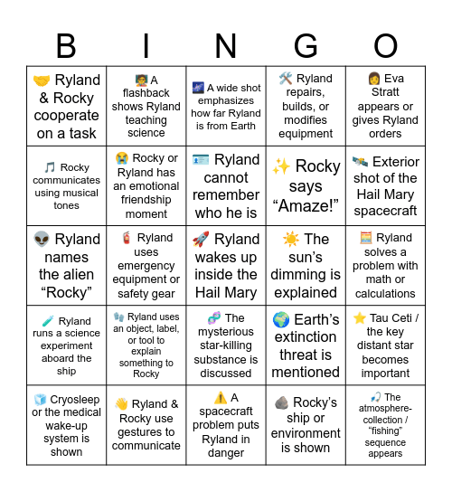 Project Hail Mary (2026) Bingo Card