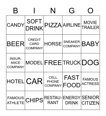 Super Bowl Commercial BINGO Card