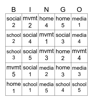 Week of _______________________ Bingo Card