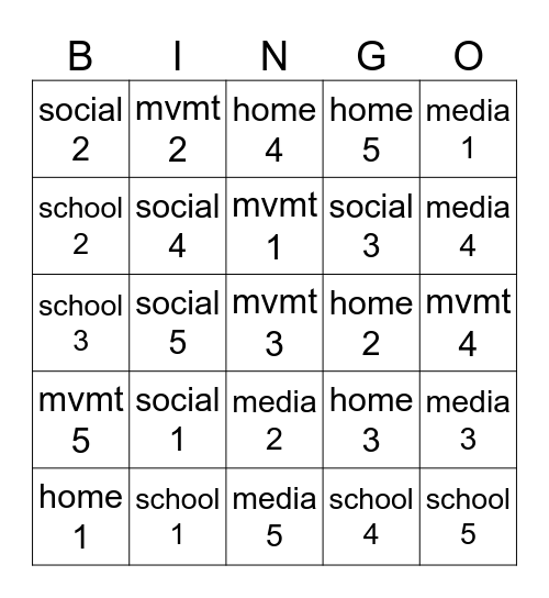 Week of _______________________ Bingo Card
