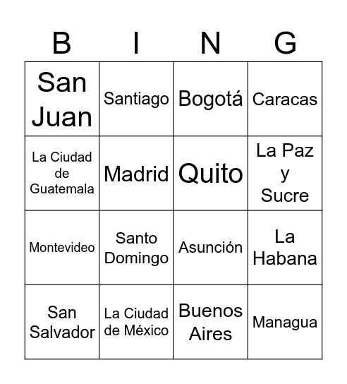 Capitals of Spanish-Speaking Countries Bingo Card