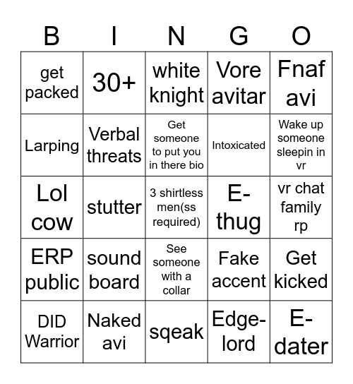 Vr chat Verbal required Bingo Card