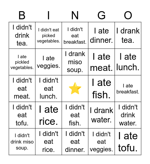 Year 8 - Past/Past Negative Bingo Card