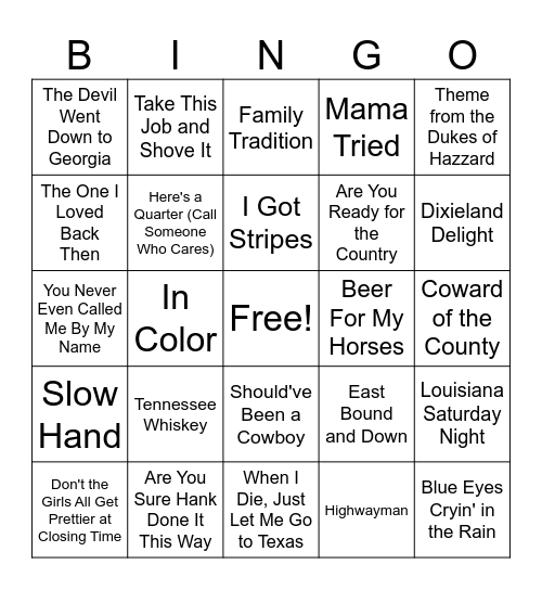 Outlaw Country Bingo Card