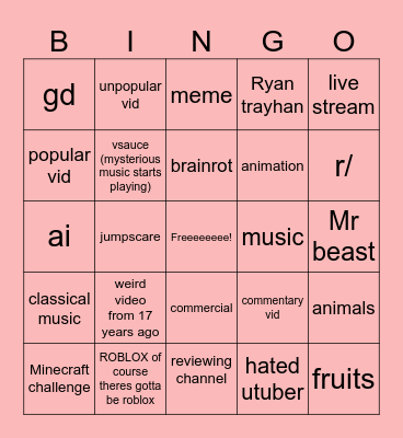 utube recommendations Bingo Card