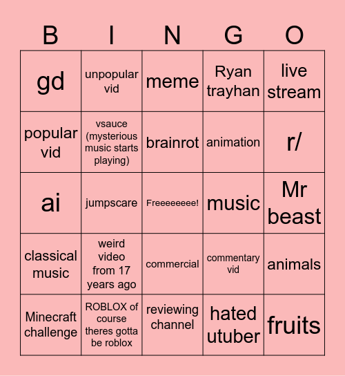 utube recommendations Bingo Card
