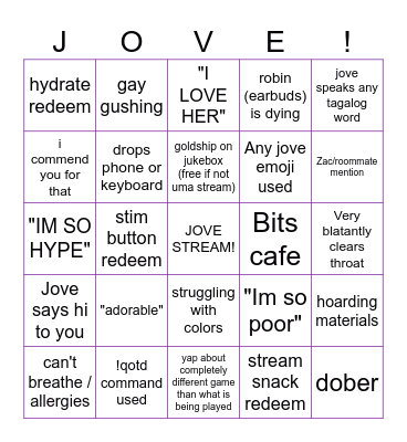 vidJOVEgames Bingo Card