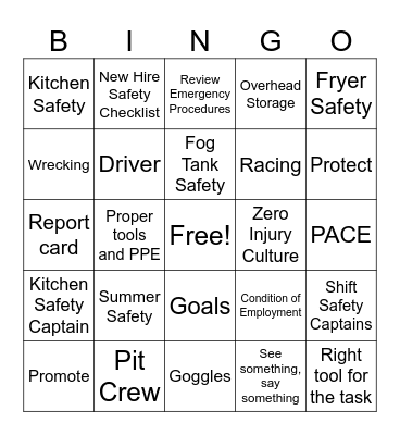 Safety Meeting BINGO Card