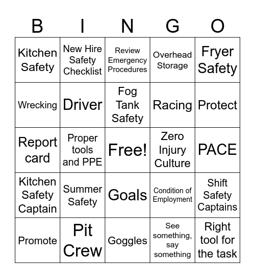 Safety Meeting BINGO Card