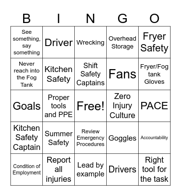 Safety Meeting BINGO Card
