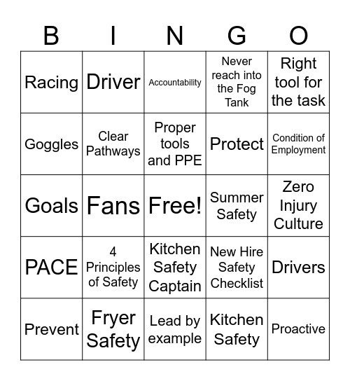 Safety Meeting BINGO Card