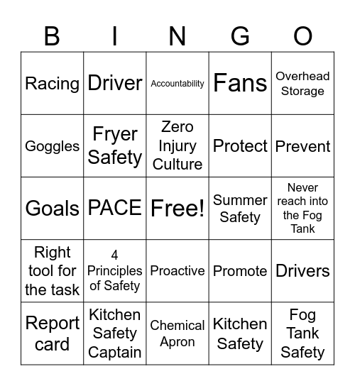 Safety Meeting BINGO Card