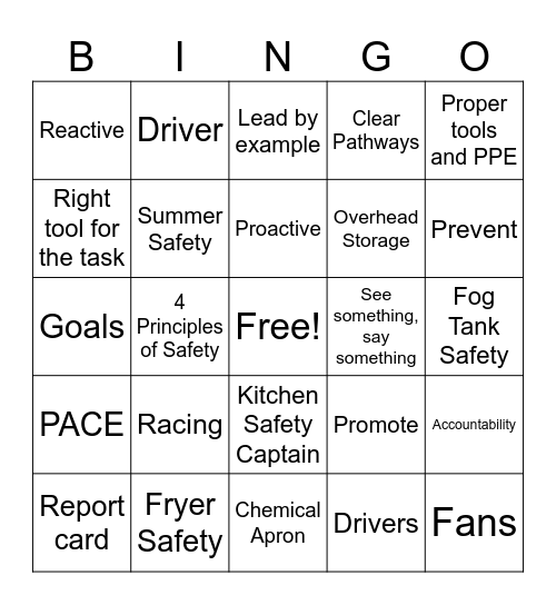 Safety Meeting BINGO Card