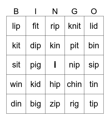Short I CVC Words Bingo Card