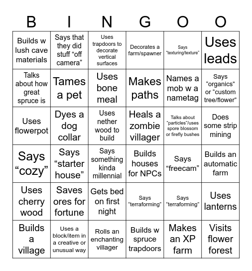 Cozy MC Builder Bingo Card