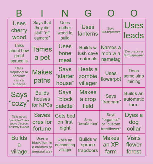 Cozy MC Builder Bingo Card